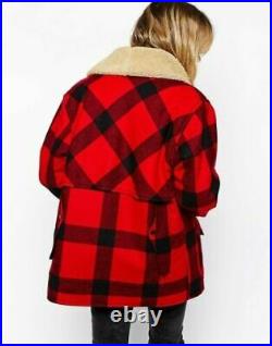 Ralph Lauren Denim Supply Red Buffalo Plaid wool coat jacket shearling sherpa S