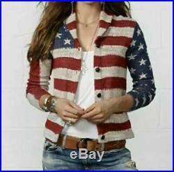Ralph Lauren Denim Supply Women Military USA American Flag Knit Sweater Cardigan