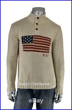 Ralph Lauren Polo Beige Cotton USA American Flag Turtleneck Sweater New