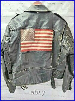 Rare Schott Black Leather Motorcycle Jacket American Flag Distressed USA 46