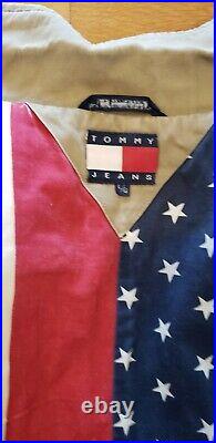 Rare TOMMY HILFIGER Crest Vintage Denim American Flag USA Lined Jean Jacket Sz L