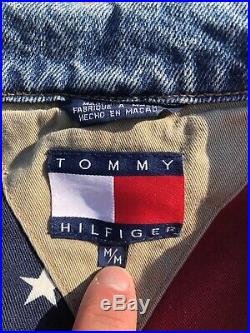 Rare TOMMY HILFIGER Crest Vintage Denim American Flag USA Lined Jean Jacket Sz M