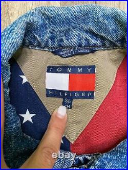 Rare TOMMY HILFIGER Vintage Denim American Flag USA Lined Jean Jacket Sz S