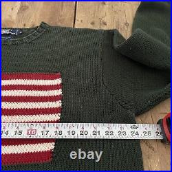 Rare Vintage 90s Polo Ralph Lauren Green American Flag Knit Sweater Men's XL