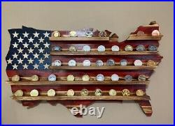 Rustic American USA Flag Challenge Coin Display, Wooden Flag, Military Challenge