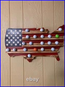 Rustic American USA Flag Golf ball Display, Natural Wooden holder, American Flag