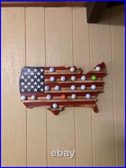 Rustic American USA Flag Golf ball Display, Natural Wooden holder, american flag