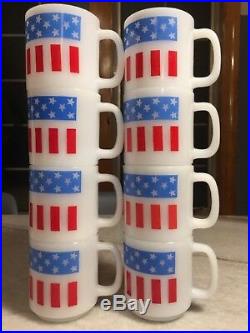 Set 8 Vintage Glasbake Glassbake American Flag Mug/Cup Milk Glass STACKABLE USA