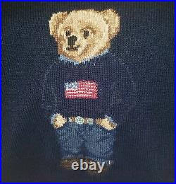 Size XL POLO RALPH LAUREN Cotton Linen USA Bear Sweater American Flag Navy Blue