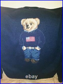 Size XL POLO RALPH LAUREN Cotton Linen USA Bear Sweater American Flag Navy Blue