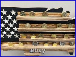 Subdued American USA Flag Challenge Coin Display, Wooden Flag Military Challenge