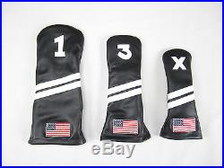 Sunfish Black White Leather golf headcover set DR FW HB with USA American flag