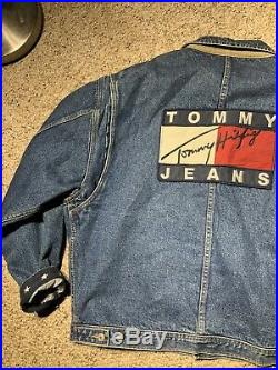 TOMMY HILFIGER Vintage Denim American Flag USA Lined Jean Jacket Sz XL