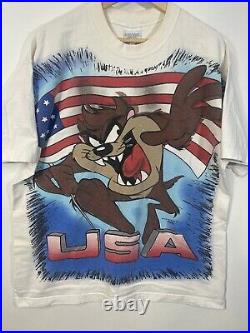 Taz USA T Shirt Vintage 90s All Over Print American Flag Looney Tunes Size XL