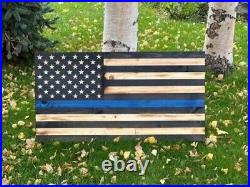Thin Blue Line Challenge, Badge in Union Option, Police Wooden Flag 19 x 36 inch