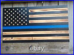 Thin Blue Line Challenge, Badge in Union Option, Police Wooden Flag 19 x 36 inch