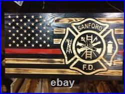 Thin Red Line with Fire Badge, 13 x 23 American Flag Wooden Flag, Rustic America