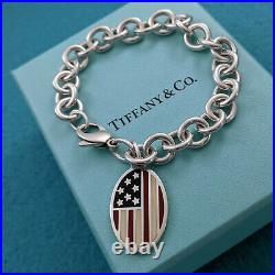 Tiffany & Co. American USA Flag Charm Bracelet, Silver 925, 7.5, withBox & Pouch