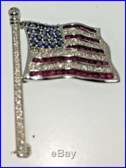 UNIQUE USA American Flag Pin 14K White Gold with Diamond's & Ruby's & Sapphire's