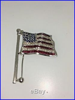 UNIQUE USA American Flag Pin 14K White Gold with Diamond's & Ruby's & Sapphire's