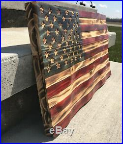 US Wooden Waving Wood Flag Wavy Rustic United States American USA Wood Burned