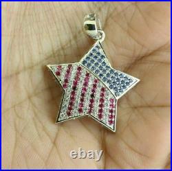 USA American Flag 2Ct Round Sapphire Ruby Pendant 14K White Gold Over Free Chain