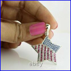 USA American Flag 2Ct Round Sapphire/Ruby Pendant 14K White Gold Over Free Chain