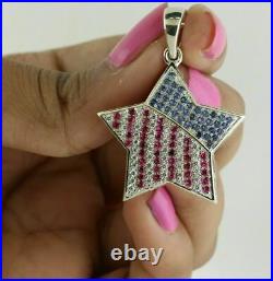 USA American Flag 2Ct Round Sapphire Ruby Pendant 14K White Gold Over Free Chain