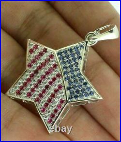 USA American Flag 2Ct Round Sapphire/Ruby Pendant 14K White Gold Over Free Chain