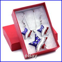 USA American Flag Star 4th of July Veteran Day Patriotic Earrings Necklace Set