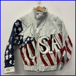 USA American Patriotic Flag Genuine Leather Bomber Jacket Dream Team 1992 Style