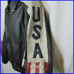 USA Flag Applique Leather Biker Bomber Jacket Large American Stuntman Black Zip