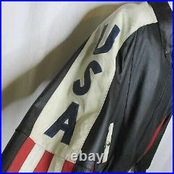 USA Flag Applique Leather Biker Bomber Jacket Large American Stuntman Black Zip