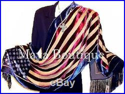 USA Flag Scarf Shawl Fringed Wrap Silk Burnout Velvet Designed By Maya Matazaro