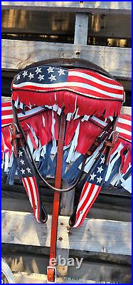 USA Western Horse Leather Bridle set Red White, Blue American Flag Barrel Racer