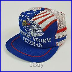 VTG 3 Stripe Desert Storm Veteran American Flag Eagle USA Made Mesh Trucker Hat