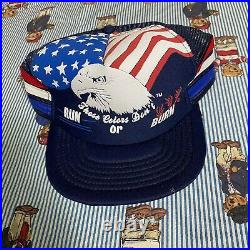 VTG 80s Haband Graphic American Striped Trucker Hat Cap Snapback Eagle USA Flag