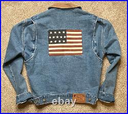 VTG 90s Polo Ralph Lauren Corduroy Collar USA Flag Denim Jean Jacket Size Small
