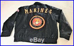 VTG US Marines Corp USMC USA Leather Jacket American Flag Patches Men's 2XL
