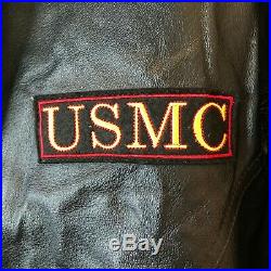 VTG US Marines Corp USMC USA Leather Jacket American Flag Patches Men's 2XL