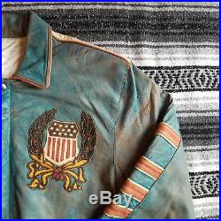 VTG USA Montana Street Wear Sz XL Distressed Leather Jacket Blue American Flag