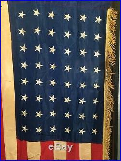 Vintage 1940s 48 Star American Flag USA Antique Embroidered Silk Fringe