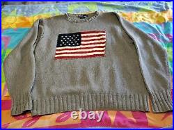 Vintage 1990 Polo Ralph Lauren American Flag USA Gray Knit Sweater SZ XL