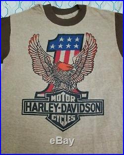 Vintage 70s Harley Davidson #1 Eagle American Flag T Shirt Brown Medium Small