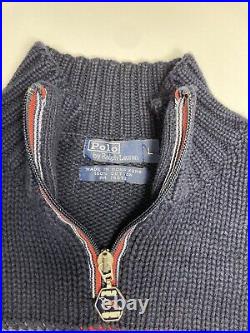 Vintage 80s 90s POLO SPORT Flag Sweater 1/4 Zip USA Ralph Lauren Navy Blue Large