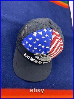 Vintage 80s Dont Ruffle My Feathers Eagle Flag USA Black Mesh Trucker Hat Cap