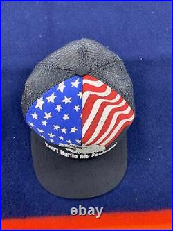 Vintage 80s Dont Ruffle My Feathers Eagle Flag USA Black Mesh Trucker Hat Cap