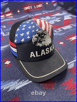 Vintage 80s USA Made Flag Alaska Eagle 3 Three Stripe Hat Freedom Puffy Print