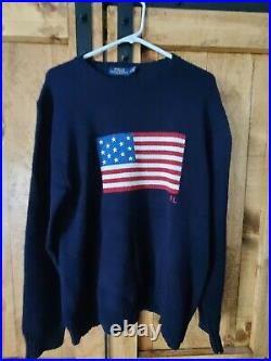 Vintage 90s Polo Ralph Lauren American Flag Cable Knit Sweater Men M Blue (C5)