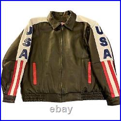Vintage American Flag USA Leather Biker Bomber Jacket Mens XL Premium Quality